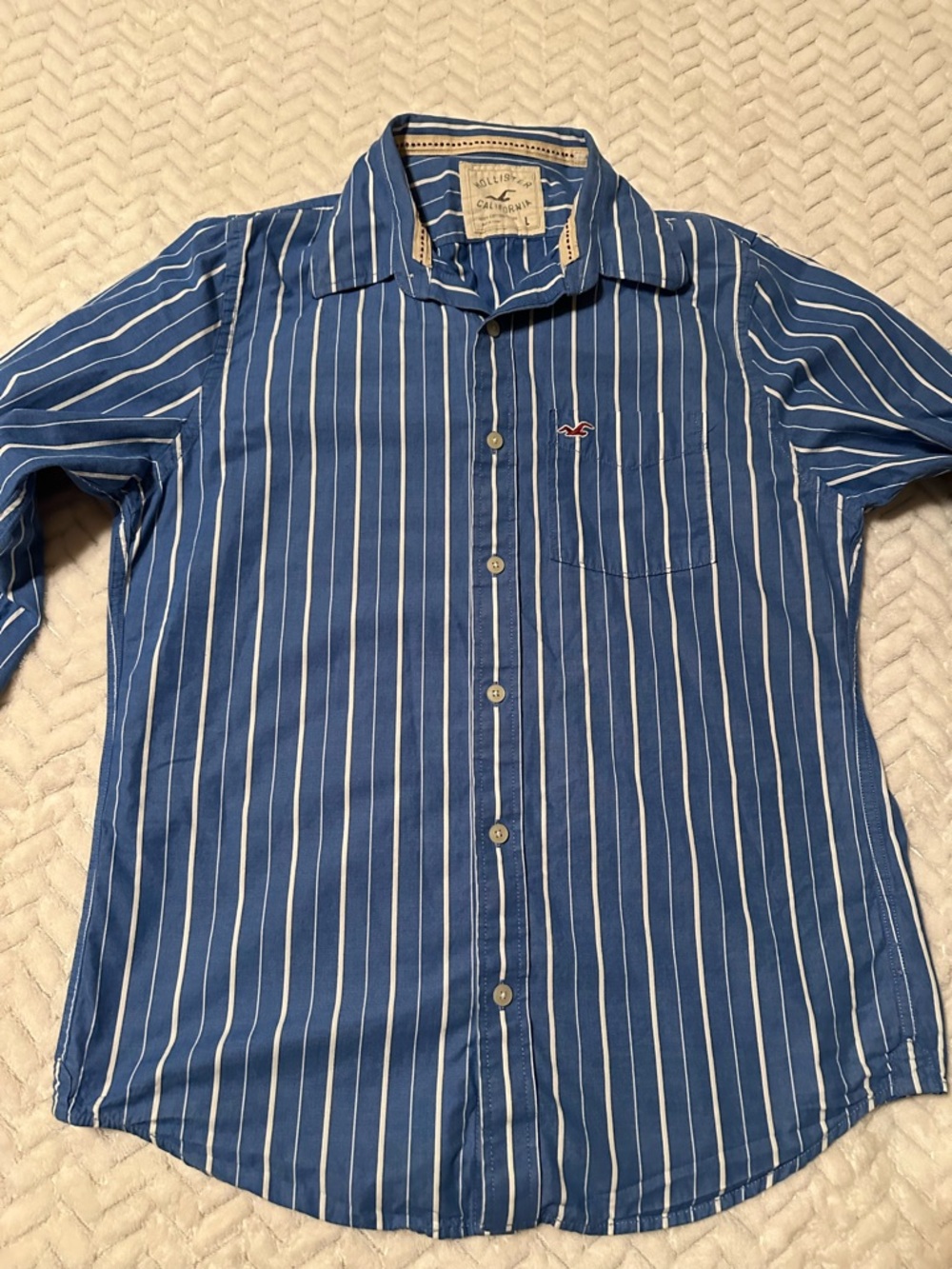 Preppy Men’s Hollister Blue & White Vertical Stripe Button-Down Shirt Size Large